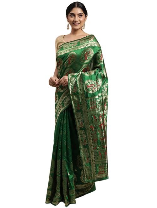 green art silk baluchari saree with blouse - 18225218 - Very Small Image - 1