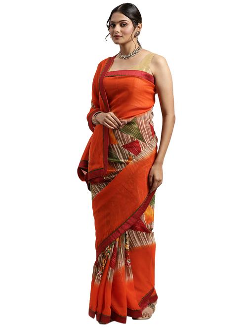 orange georgette printed saree with blouse - 18225243 - Very Small Image - 1