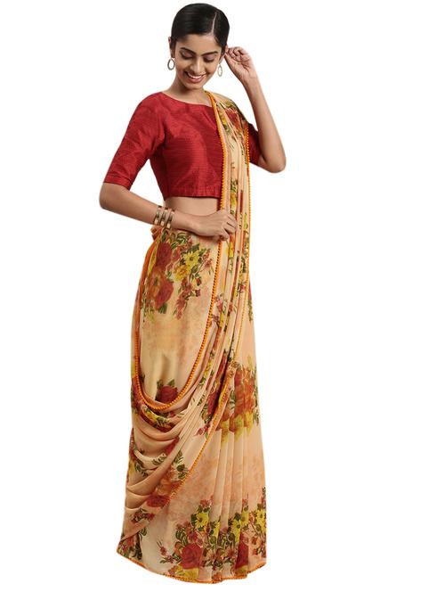 orange georgette printed saree - 18225312 - Very Small Image - 1