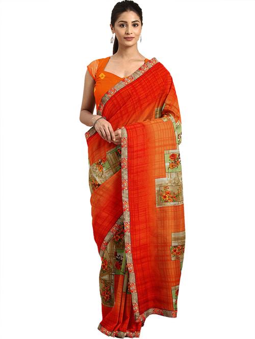 red georgette printed saree with blouse - 18225317 - Very Small Image - 1