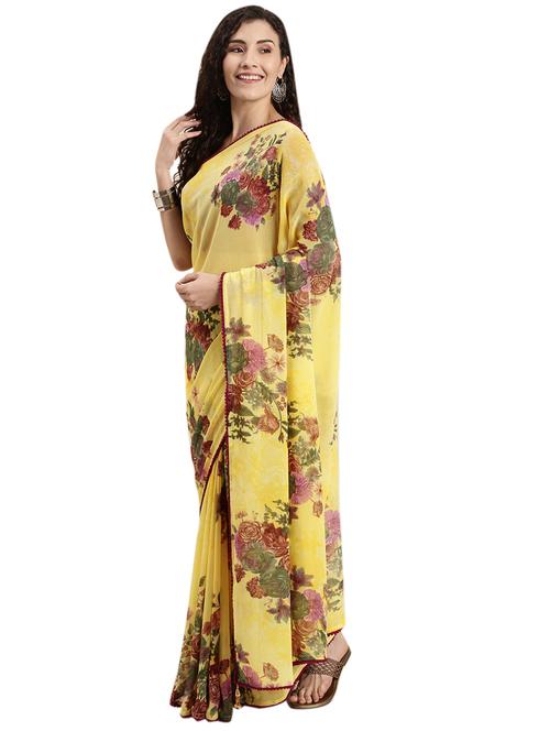 yellow georgette printed saree with blouse - 18225318 - Very Small Image - 1