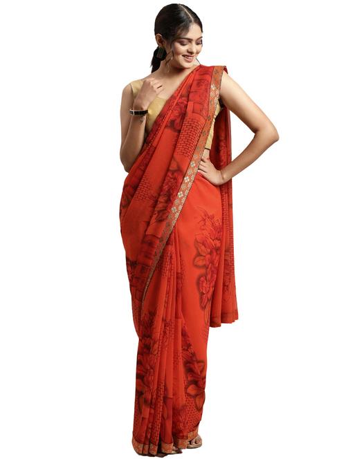 orange georgette printed saree - 18225342 - Very Small Image - 1