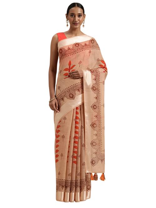 peach cotton printed saree with blouse - 18225357 - Very Small Image - 1
