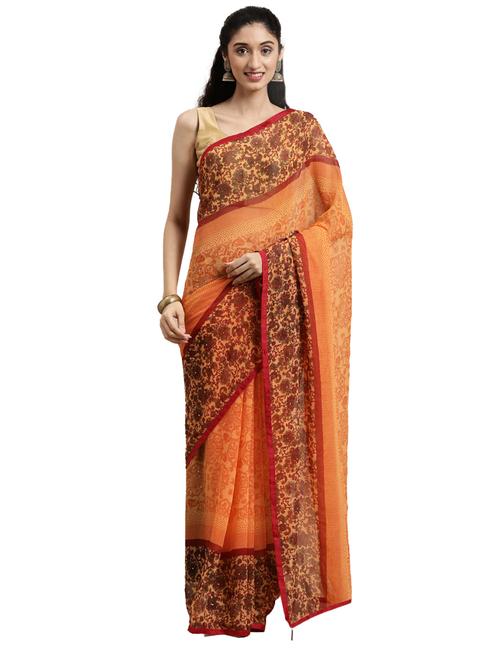 orange chiffon printed saree with blouse - 18225360 - Very Small Image - 1
