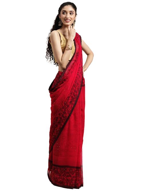 red chiffon printed saree with blouse - 18225364 - Very Small Image - 1