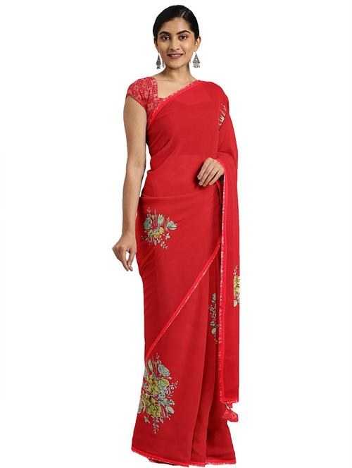 red georgette printed saree with blouse - 18225365 - Very Small Image - 1