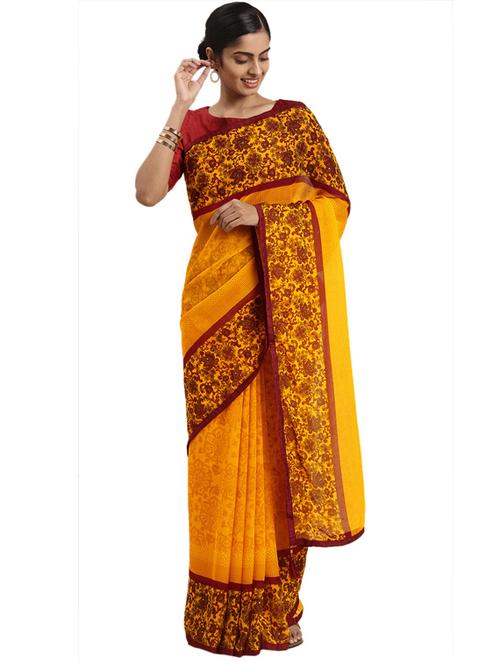 yellow chiffon printed saree with blouse - 18225366 - Very Small Image - 1