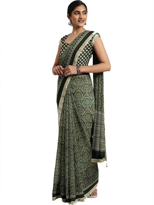 green chiffon printed saree with blouse - 18225371 - Very Small Image - 1
