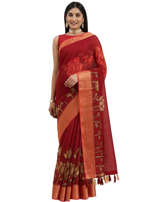 maroon linen printed saree with blouse - 18225382 - Very Small Image - 1