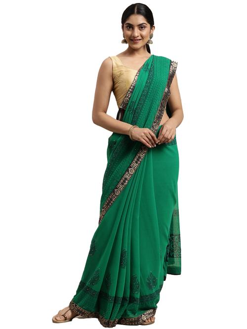 green georgette printed saree with blouse - 18225386 - Very Small Image - 1
