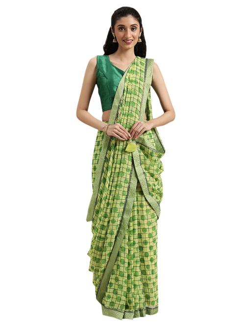 green chanderi printed saree with blouse - 18225395 - Very Small Image - 1
