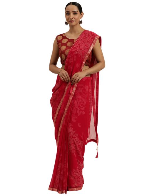 red georgette printed saree with blouse - 18225399 - Very Small Image - 1