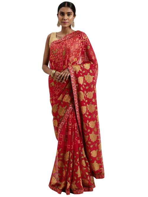 red chiffon printed saree with blouse - 18225411 - Very Small Image - 1