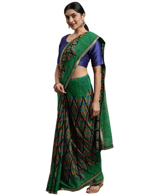 green georgette printed saree with blouse - 18225416 - Very Small Image - 1