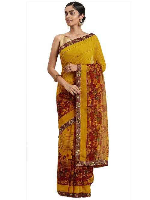 yellow georgette printed saree with blouse - 18225436 - Very Small Image - 1