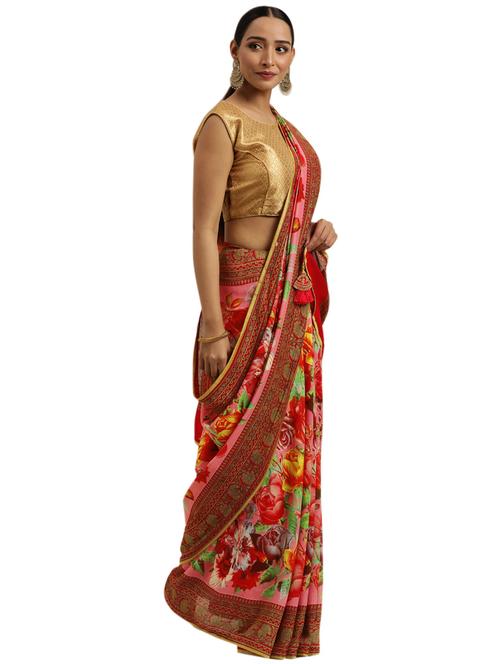 pink chanderi printed saree with blouse - 18225439 - Very Small Image - 1