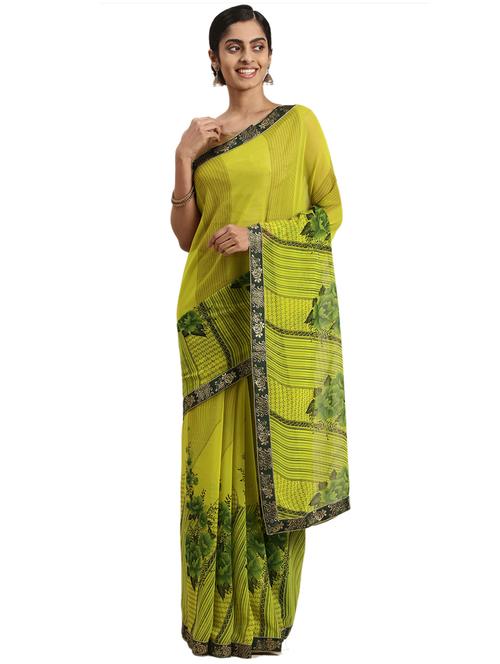 green georgette printed saree with blouse - 18225440 - Very Small Image - 1