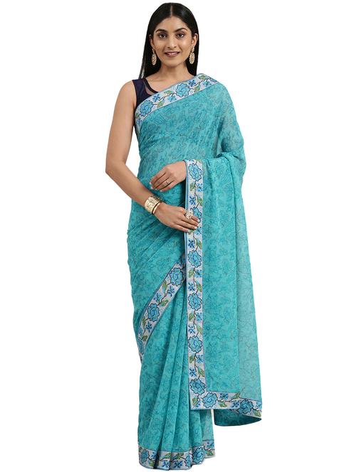 green georgette printed saree with blouse - 18225448 - Very Small Image - 1