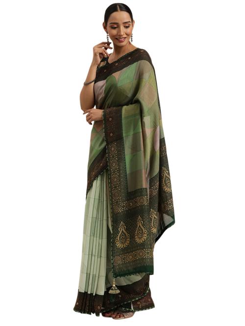 green chanderi printed saree - 18225449 - Very Small Image - 1