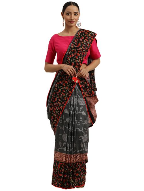 grey chanderi printed saree with blouse - 18225451 - Very Small Image - 1