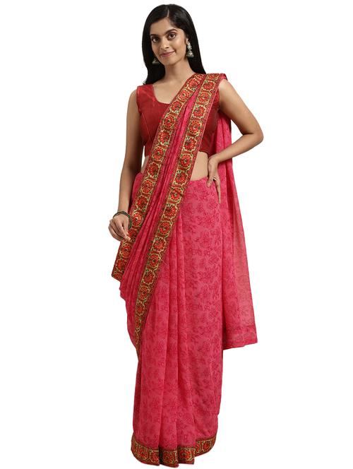 pink georgette printed saree with blouse - 18225454 - Very Small Image - 1