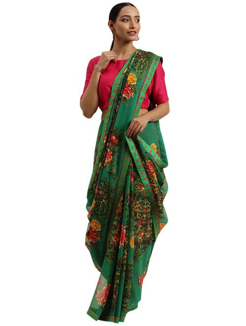 green georgette printed saree with blouse - 18225499 - Very Small Image - 1