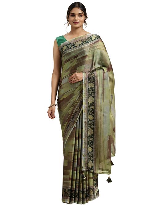 green chiffon printed saree with blouse - 18225504 - Very Small Image - 1