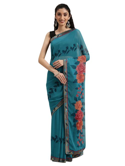 sky blue georgette printed saree with blouse - 18225511 - Very Small Image - 1