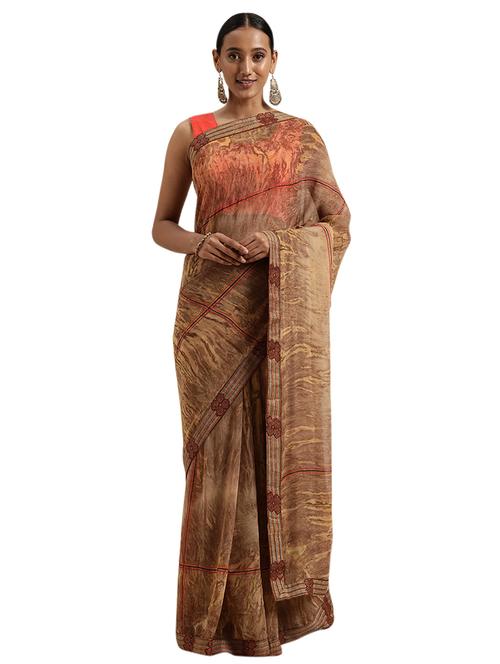 orange georgette printed saree with blouse - 18225527 - Very Small Image - 1