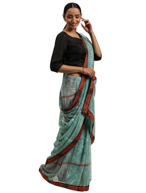 turquoise georgette printed saree with blouse - 18225531 - Very Small Image - 1