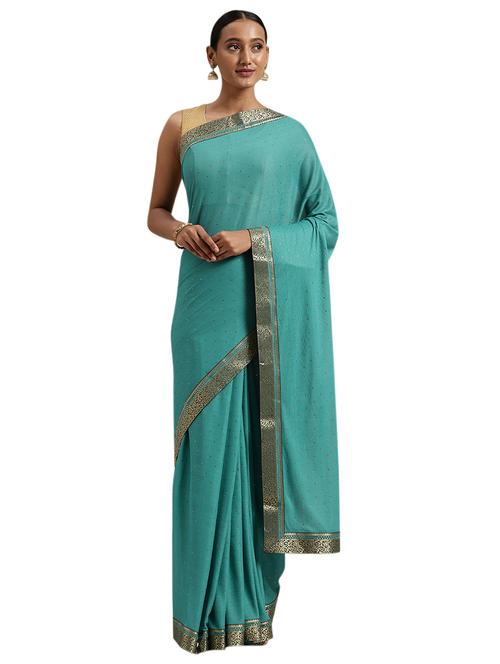 turquoise lycra plain saree with blouse - 18225537 - Very Small Image - 1