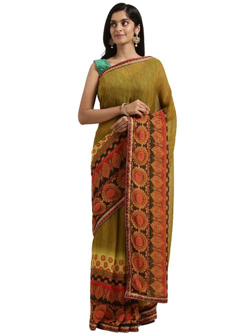 mehandi georgette printed saree - 18225540 - Very Small Image - 1