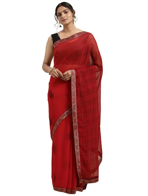 maroon georgette printed saree with blouse - 18225580 - Very Small Image - 1