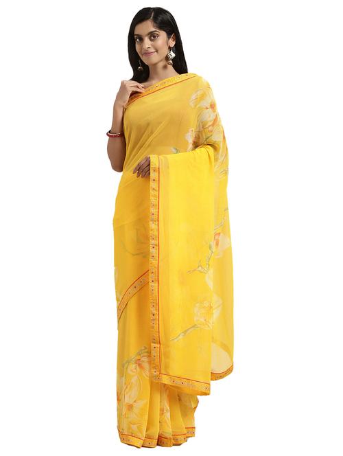 mustard georgette printed saree - 18225594 - Very Small Image - 1