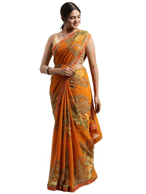 orange georgette printed saree with blouse - 18225598 - Very Small Image - 1