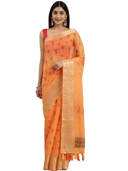 orange cotton printed saree with blouse - 18225599 - Very Small Image - 1