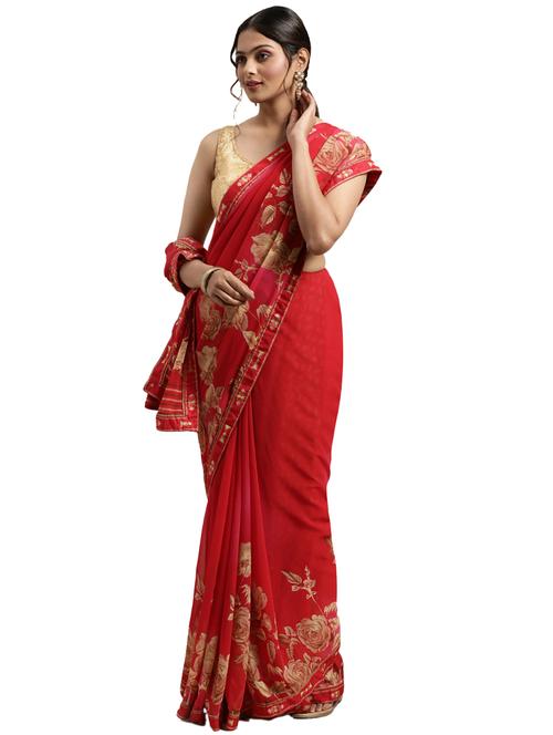 red georgette printed saree with blouse - 18225606 - Very Small Image - 1