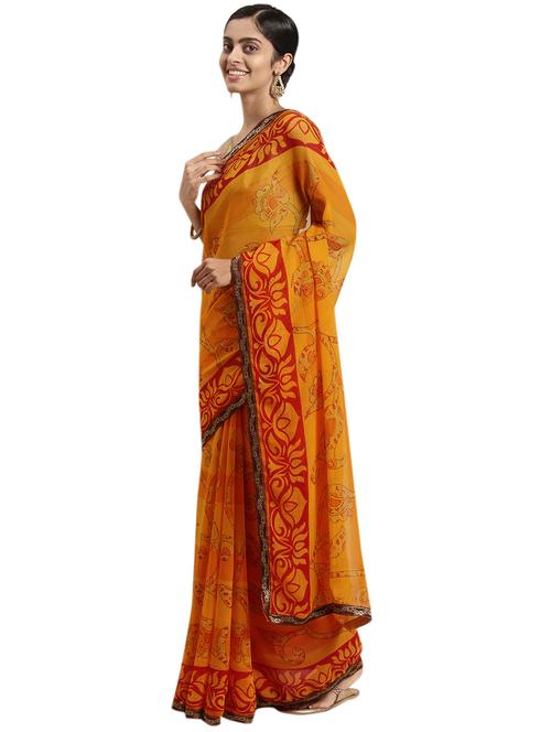 orange georgette printed saree with blouse - 18225615 - Very Small Image - 1