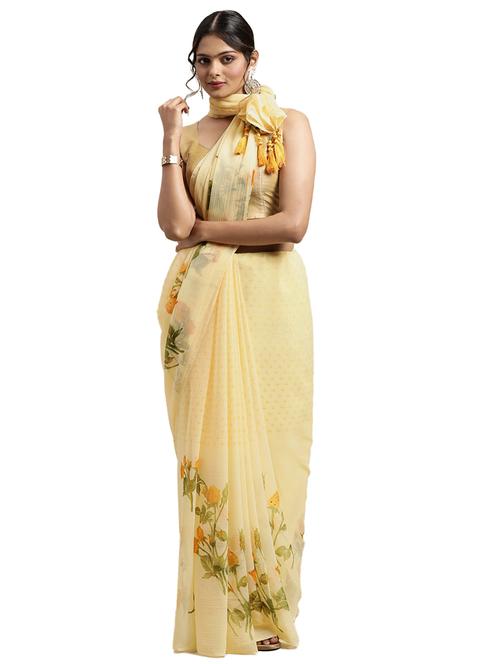 yellow chiffon printed saree with blouse - 18225622 - Very Small Image - 1