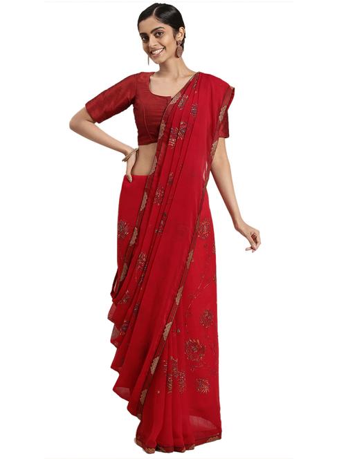 red georgette printed saree with blouse - 18225625 - Very Small Image - 1
