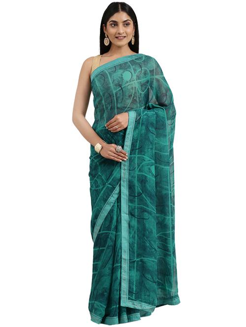 green georgette printed saree with blouse - 18225646 - Very Small Image - 1