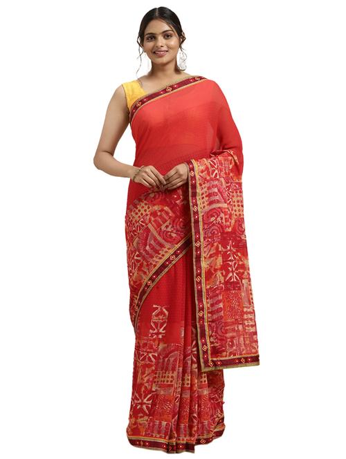 red chiffon printed saree with blouse - 18225657 - Very Small Image - 1
