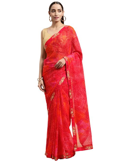 red chiffon printed saree with blouse - 18225665 - Very Small Image - 1