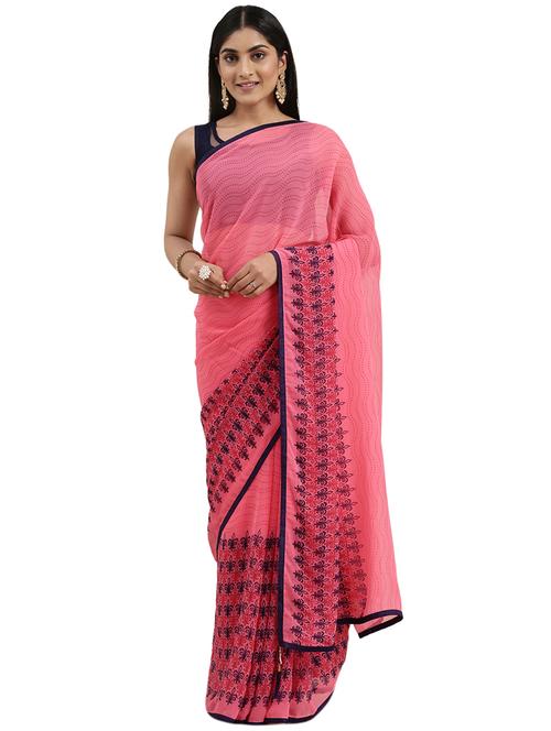pink chiffon printed saree with blouse - 18225678 - Very Small Image - 1