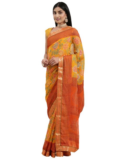yellow chiffon printed saree with blouse - 18225695 - Very Small Image - 1