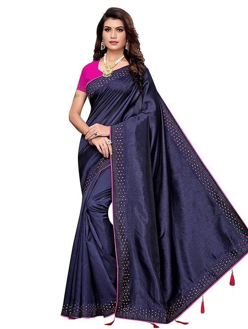 navy embellished bordered saree with blouse - 18226380 - Very Small Image - 1