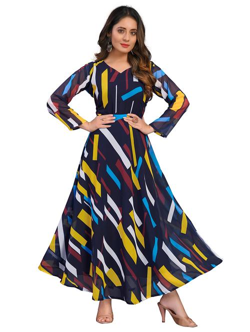 v-neck geometric flared dress - 18226584 - Very Small Image - 1