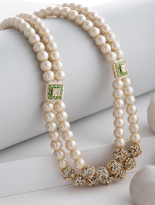 kundan, pearls, natural stones, american diamond green, white, gold layered necklace - 18226948 - Very Small Image - 1