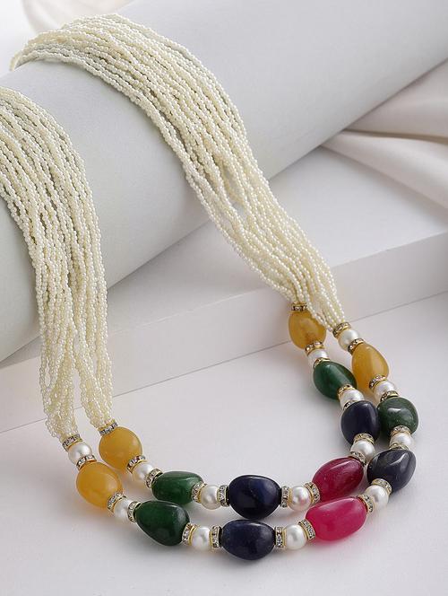 kundan, pearls, natural stones, american diamond pink, blue, green, white, gold layered necklace - 18226950 - Very Small Image - 1