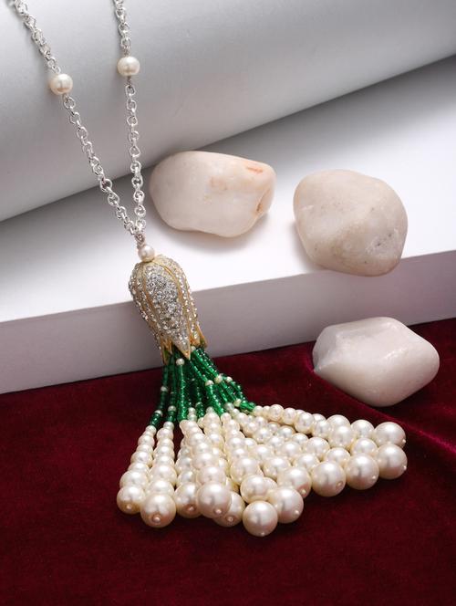 pearls, natural stones, faux emerald silver, green, white haar necklace - 18226965 - Very Small Image - 1